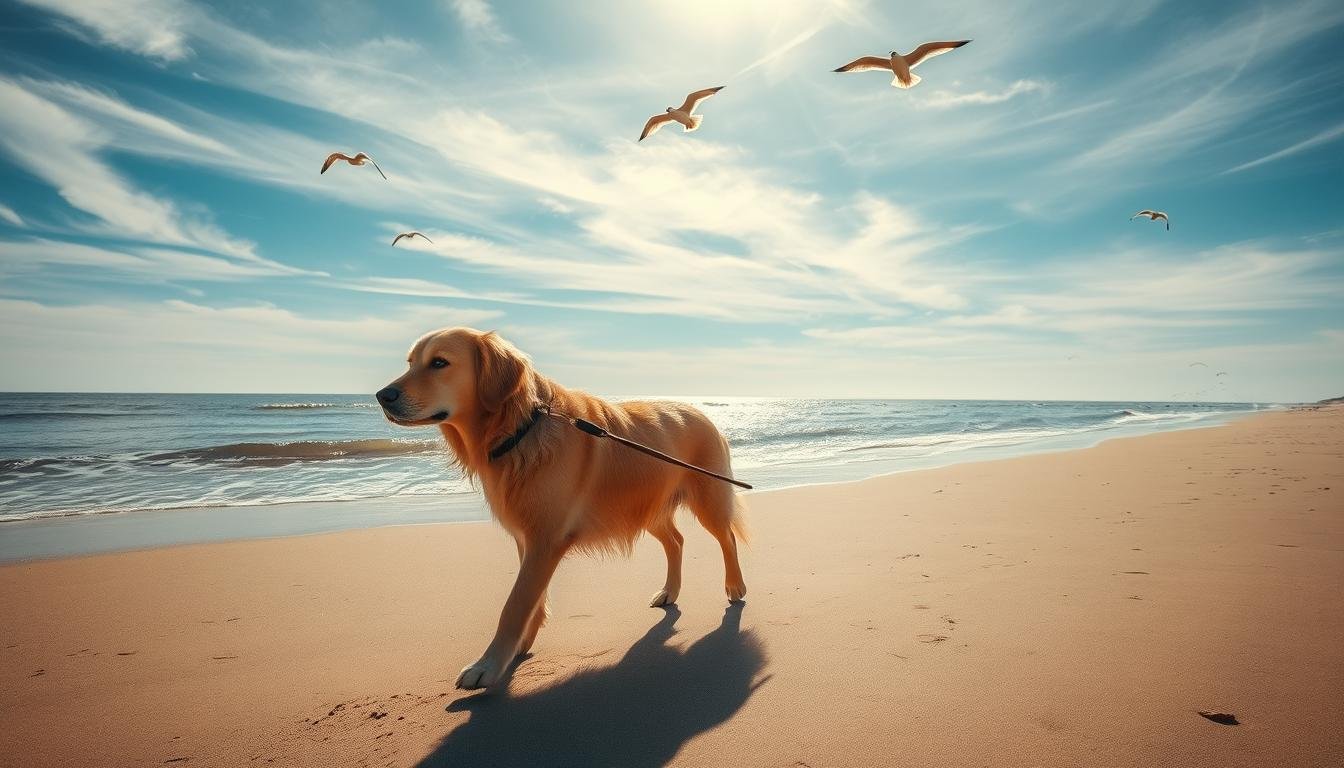 Hund am Ostseestrand mit Leine