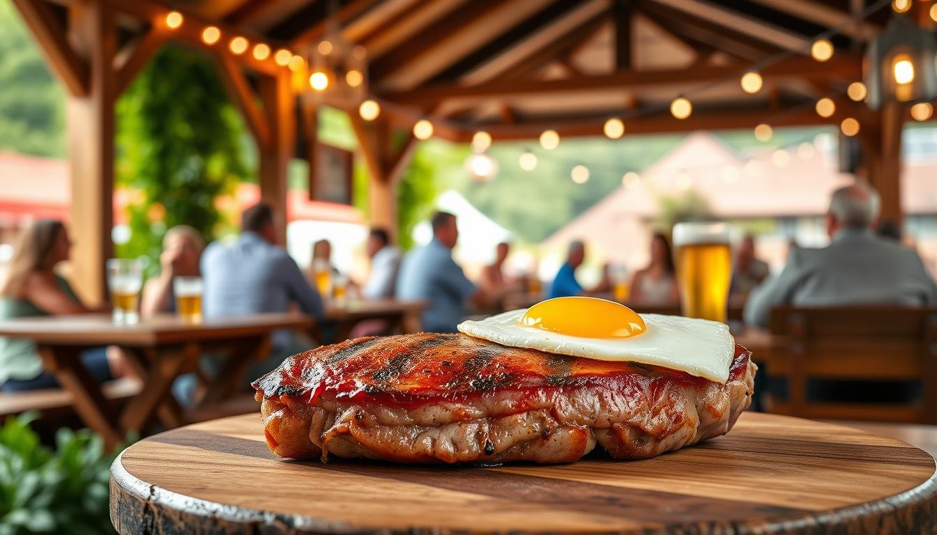 Leberkäse Biergarten mit Spiegelei