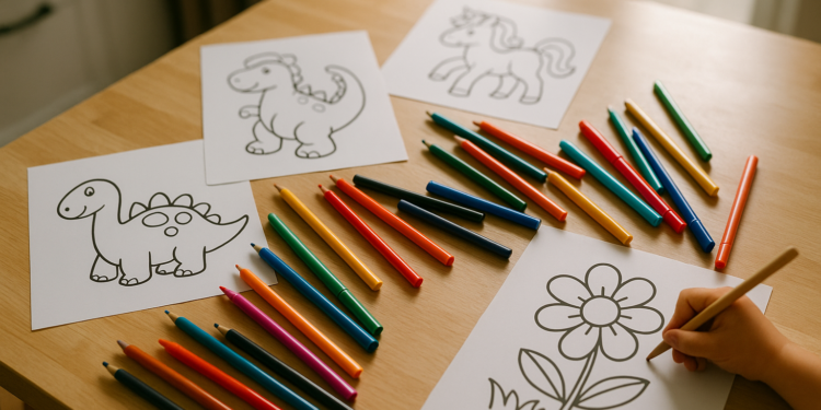 Ausgedruckte Malvorlagen auf einem Küchentisch mit Bunt- und Filzstiften