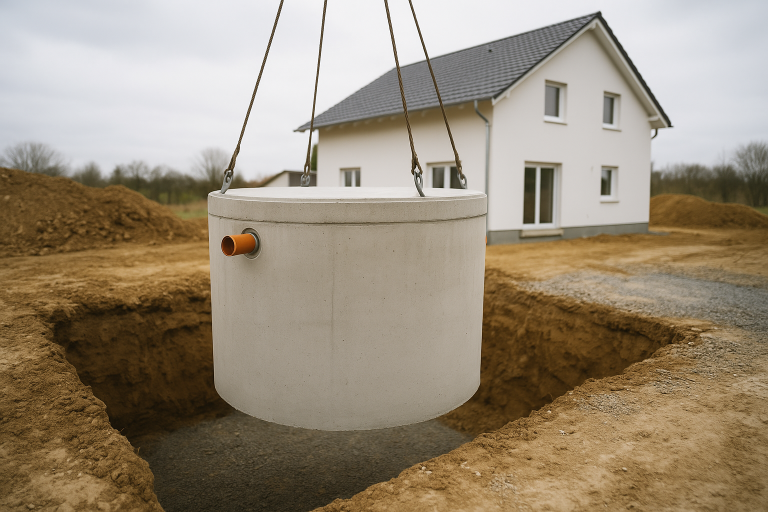 Betonzisterne wird mit dem Kran in die ausgehobene Baugrube neben einem Neubau gesetzt