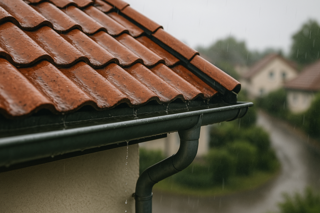 Regenwasser läuft über die Dachrinne eines Ziegeldachs in das Fallrohr