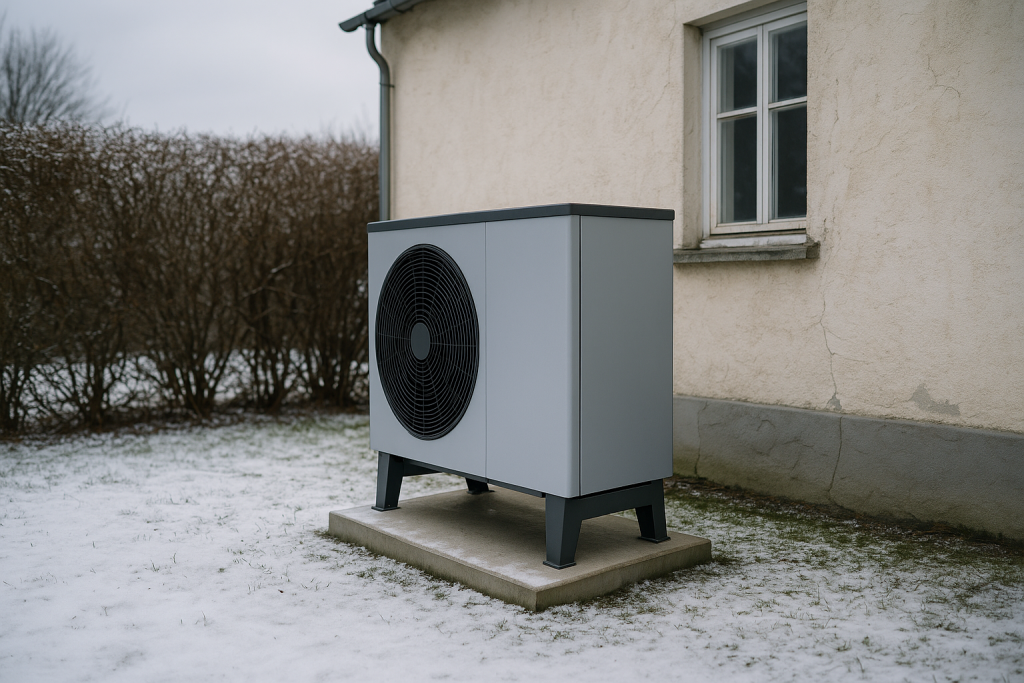 Außeneinheit einer Luft-Wasser-Wärmepumpe neben der Fassade eines Altbaus im Winter