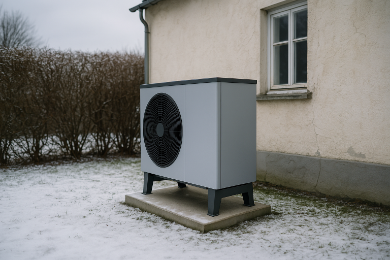 Außeneinheit einer Luft-Wasser-Wärmepumpe neben der Fassade eines Altbaus im Winter
