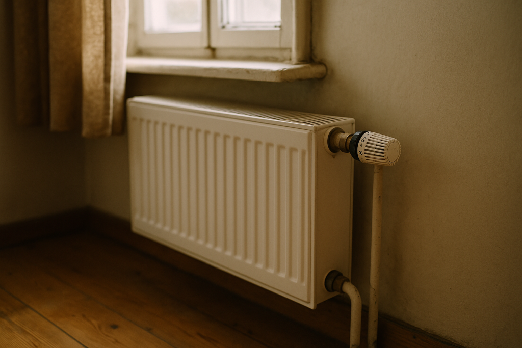 Plattenheizkörper mit Thermostatventil unter einem Fenster in einem Altbauzimmer